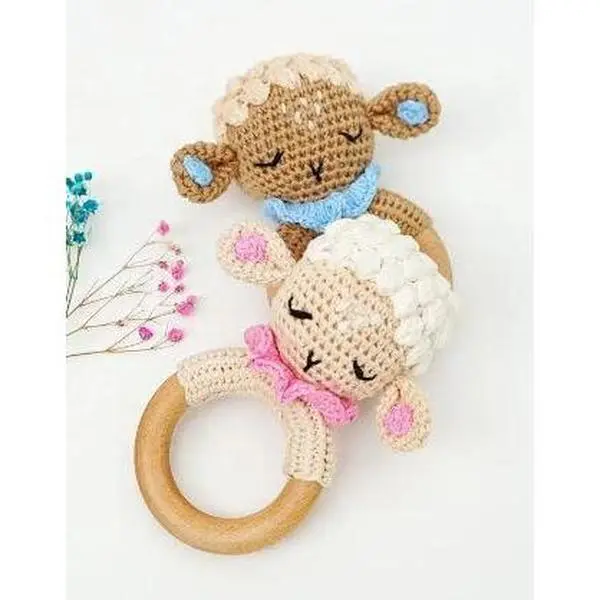 Amigurumi Fluffy Lamb Handmade /Crochet Natural Wood Ring Plush Soft Toy and Teether