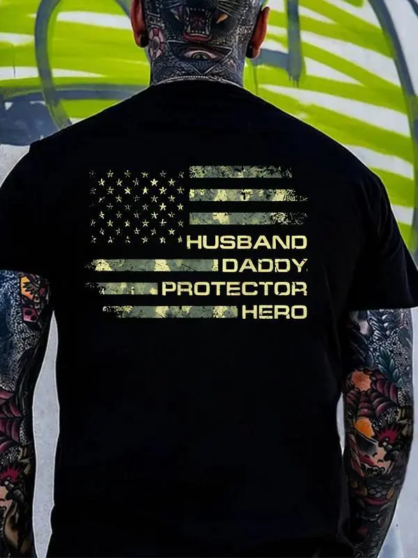 Women's Graphic T-Shirt with "Husband Daddy Hero" Print - Casual Cotton M Shortsleeve Lightweight Top for All Seasons, Smooth, Solid