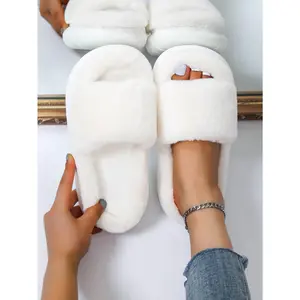 Minimalist Fuzzy Bedroom Slippers,Women's EVA thick-bottomed white plush platform slides, casual and slip-resistant bedroom slippers, comfortable indoor home slippers