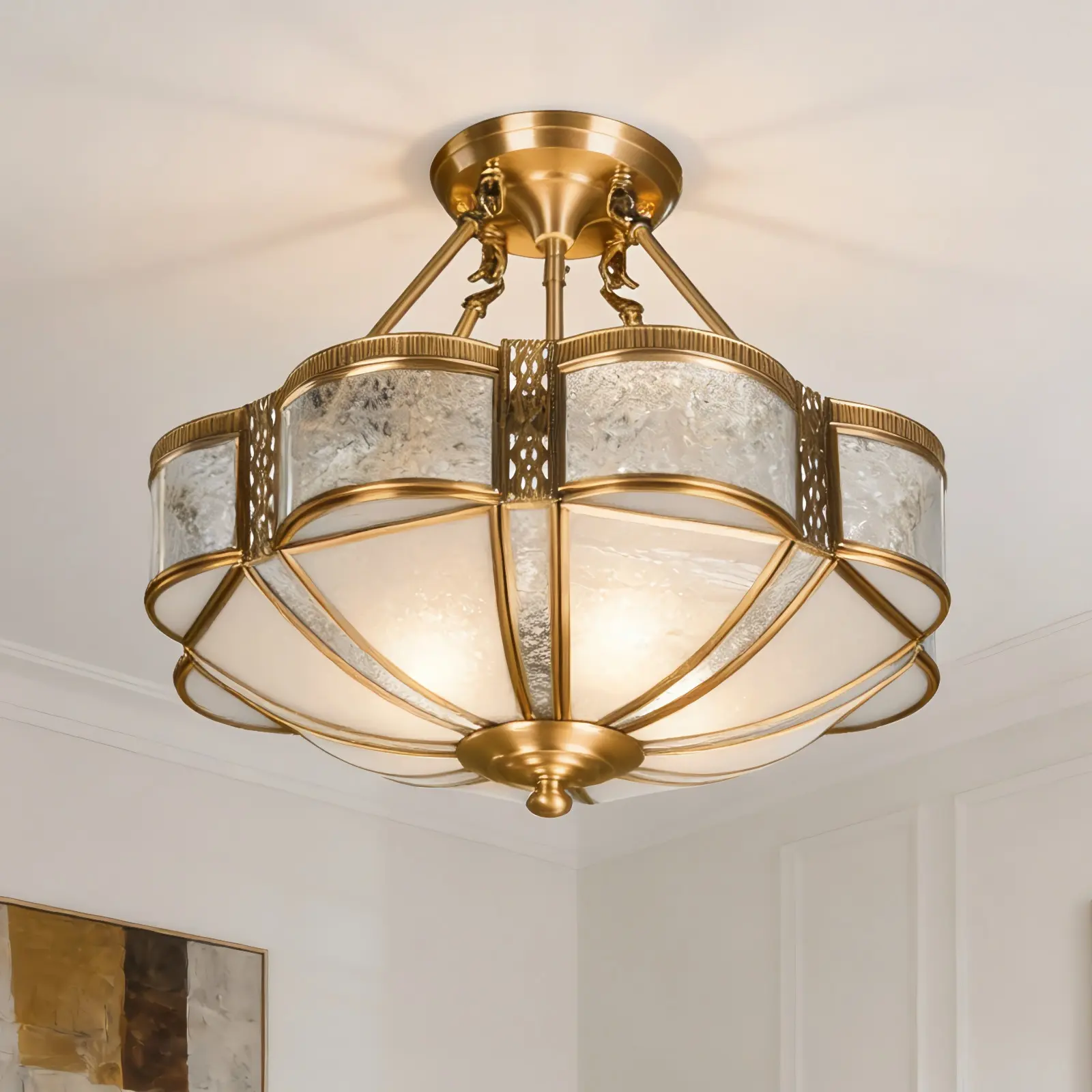 18-Inch American Vintage Semi Flush Mount Ceiling Light, 4-Light Brass and Glass Ceiling Fixture with E26 Tri-Color Bulbs for Dining Room, Living Room, Bedroom & Entryway