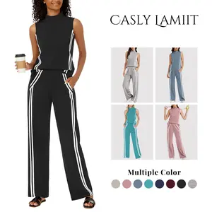 Casly Lamiit Women's 2-Piece Minimalist Stripes Light Silky Mock Neck Sleeveless Fitted Vest & Wide Leg Pants Lounge Set, Basic Athletic Sweatsuit for Travel, Party,summervibes outdoorfun