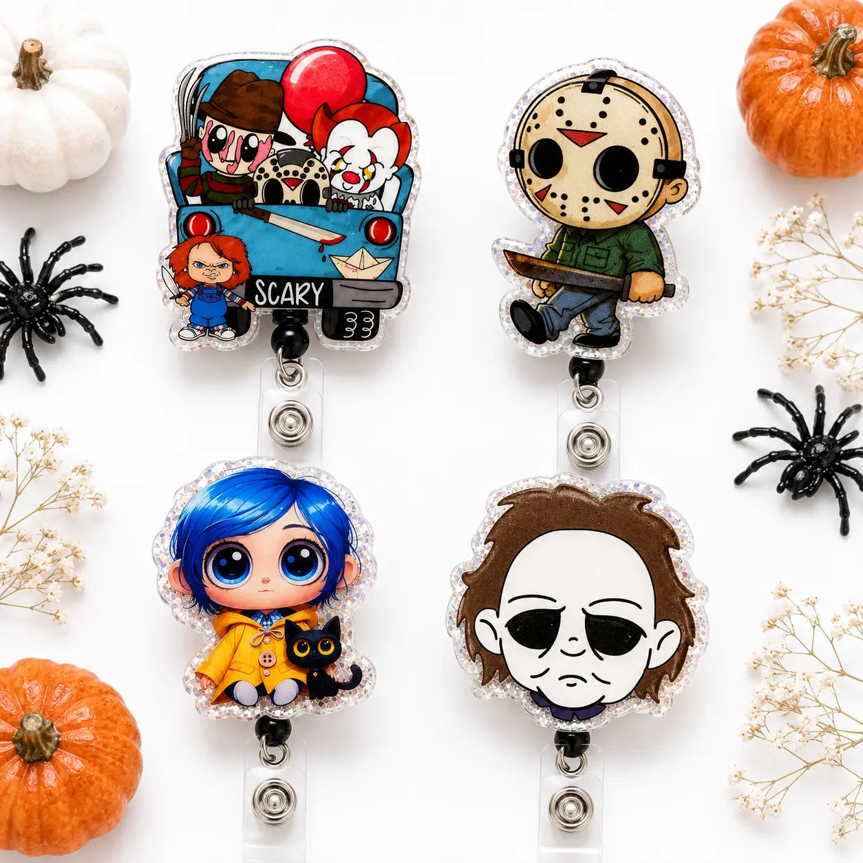 Spooky Horror Badge Reel, Cute Creepy Masked Character & Blue Hair Girl Acrylic Retractable ID Holder, Halloween Badge Clip for Nurses Teachers