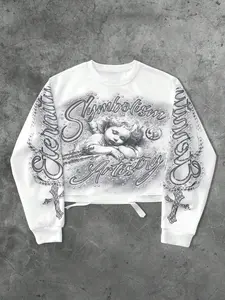 1PC Men's Cropped Long Sleeve Hoodie, Angelic Art Print with Symbolic Text, Gothic Y2K Streetwear, for Fashion in Casual and Artistic Events
