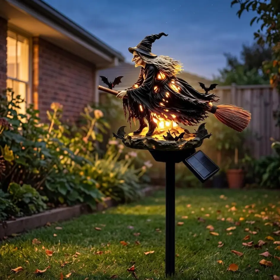 Solar Witch Garden Stake Light Outdoor Halloween Decorations Spooky Flying Witch Decor Waterproof Path Lights for Yard Lawn Patio Pathway Pathway Decor Gift