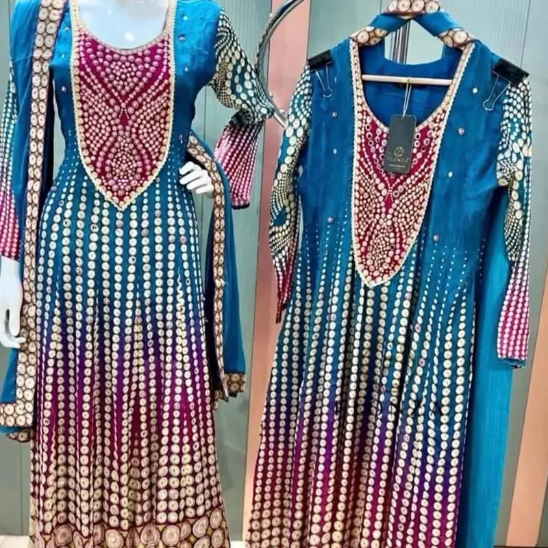 Blue Ombre Dola Silk Anarkali Suit - 3-Piece Set Beadwork
