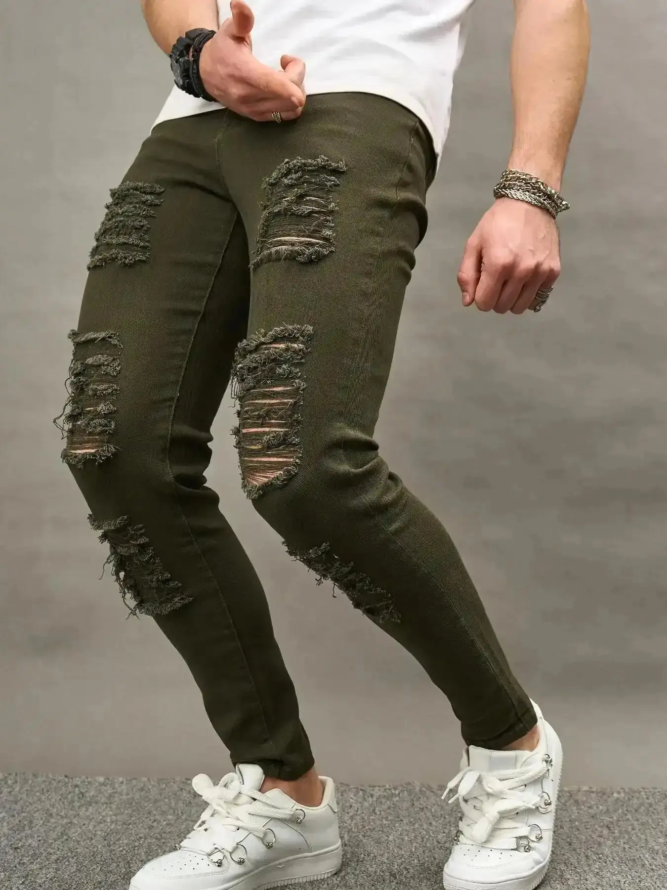 Men's Solid Ripped Jeans, Ripped Knee Jeans, Casual Comfy Denim Pants for Daily Wear, Fashion Men's Bottoms for All Seasons, Breathable, Modern, Versatile, Trendy, Stylish, Soft, Sharp