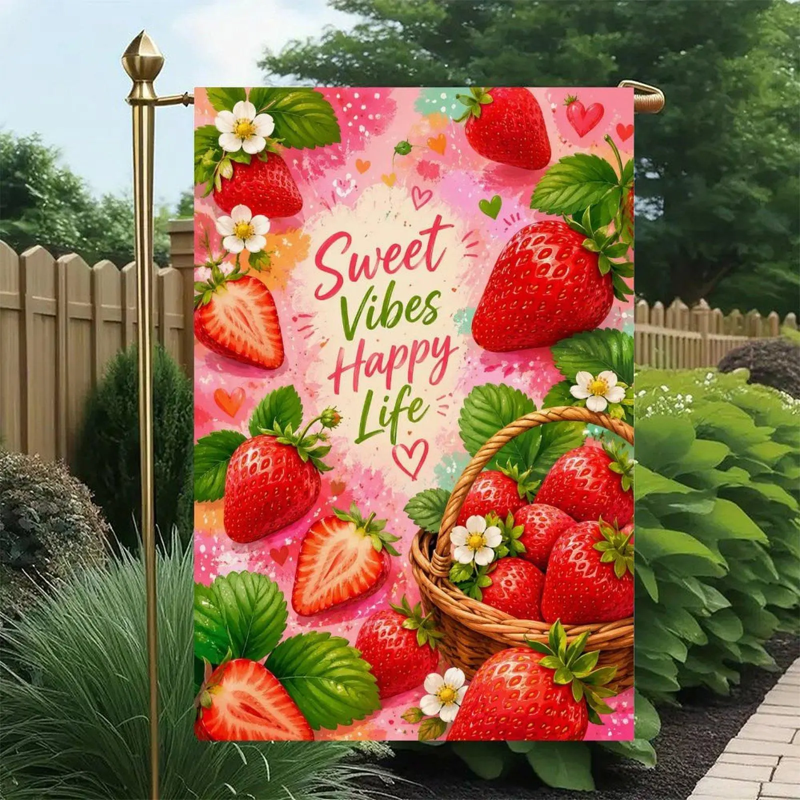 Sweet Vibes Happy Life Strawberry Basket Pink Summer Fruit Garden Flag Double-Sided 12x18in, Heart Berry Bright Floral Seasonal Patio Decor Flag