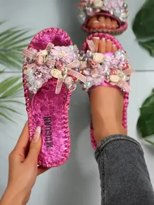 Women's Floral Slippers Handmade Flower Rhinestones and Pearls, Fashion One-Piece Flat Shoes, Home Casual Slip-Ons