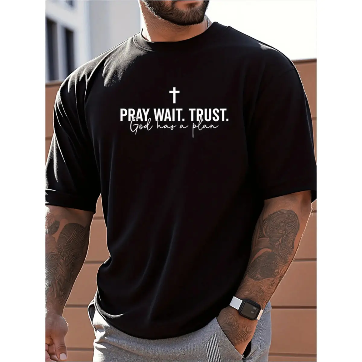 Essential Clean Fit Tee 2026  Premium Combed CottonFaith Inspired Black Cotton T-Shirt with Pray Wait Trust God Has A Plan Print - Comfortable Loose Fit Short Sleeve Tee for Men's Casual Summer We Oversized Dropped Shoulder Unisex Boxy Fit Heavyweight Tee