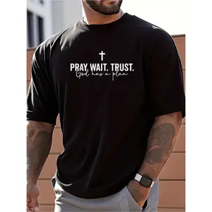 Essential Clean Fit Tee 2026  Premium Combed CottonFaith Inspired Black Cotton T-Shirt with Pray Wait Trust God Has A Plan Print - Comfortable Loose Fit Short Sleeve Tee for Men's Casual Summer We Oversized Dropped Shoulder Unisex Boxy Fit Heavyweight Tee