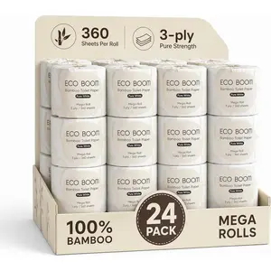 Bamboo Paper 3 Ply - Sustainable Tree-Free Tissue - 24 Mega Rolls & 360 Sheets, FSC Certified, BPA Free, Septic Safe, & PFAS Free