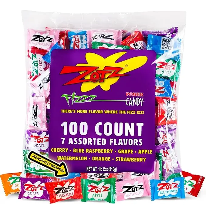 Zotz Fizzy Candy Bag, Assorted Flavors, 100 Count, Sour Hard Candy with Fizzy Center, Bulk Candy for Parties, Birthdays & Halloween