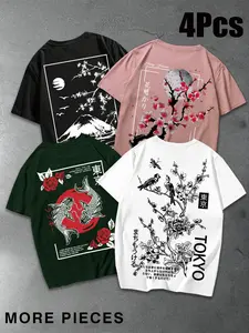 4-Pack Japanese Streetwear Graphic T-Shirts | Vintage Mt. Fuji & Koi Fish Print Oversized Tees | High-Quality Breathable Summer Tops for Men & Women's Casual Daily Wear