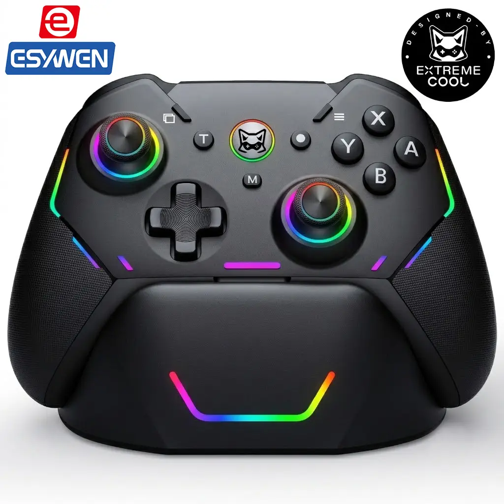 ESYWEN 1000mAh Hall Effect Joystick Game Controller - No Drift, Linear Hall Triggers with Trigger Locks, 6-Axis Gyro, 1000Hz Polling Rate, RGB, Macro Back Buttons, Turbo, Charging Dock for Switch/PC