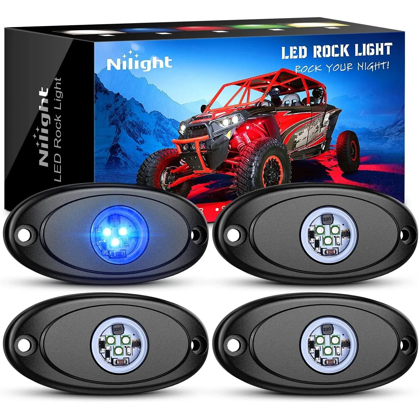 Nilight 4PCS Blue LED Rock Lights - Aluminum Construction, Bright Output, Sealed Waterproof Housing, Car Truck ATV/UTV Accessories, Rock Bars & Work Lights, Under Body Wheel Well Exterior & Interior Ambient Lighting, Luminous, Atv Accessories, Atvs Four W