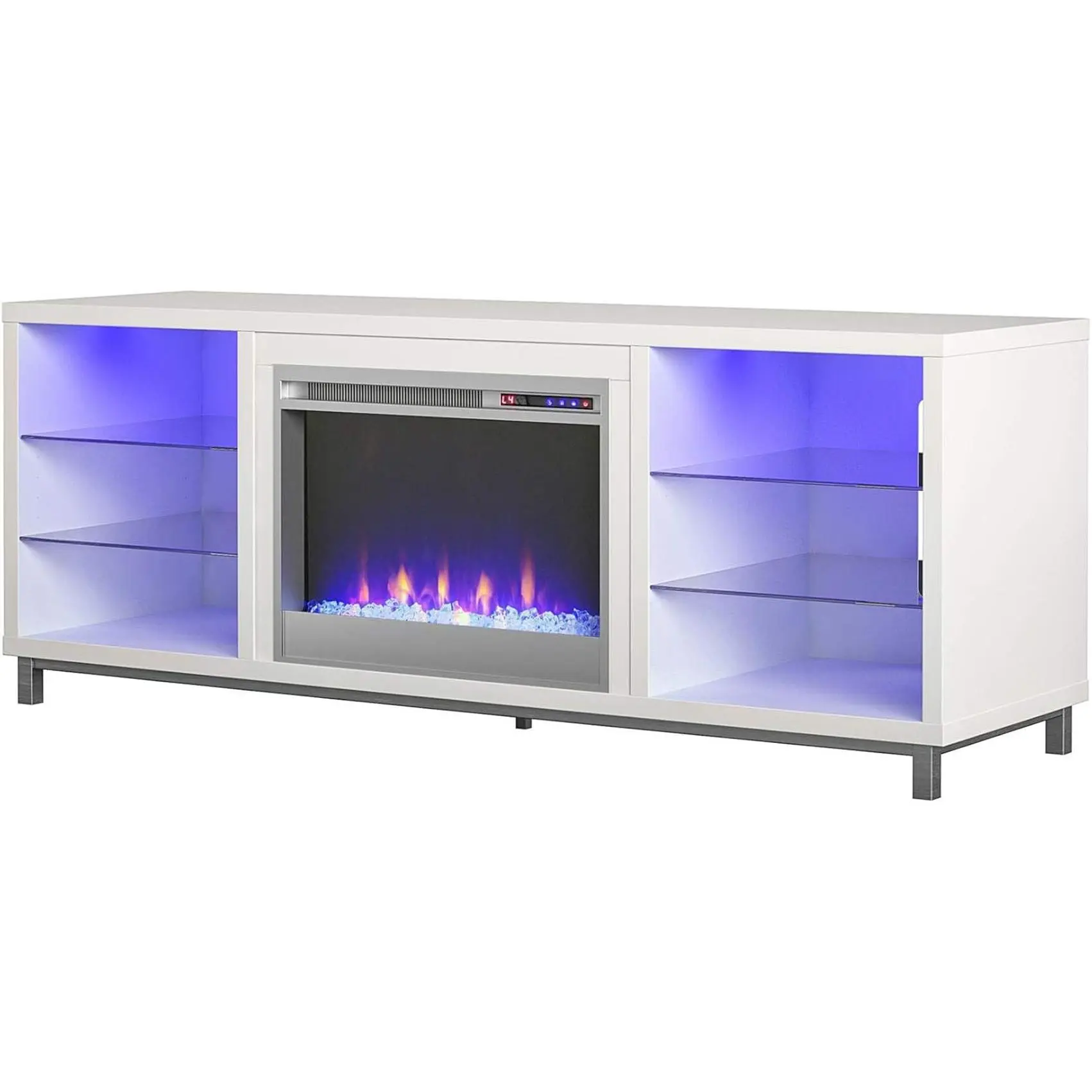 Lumina Fireplace TV Stand for Tvs up to 70 Inch, Replaceable Electric Fireplace Insert Heater, Remote Control, Timer, Color Changing LED Lights, Crystal Ember Flames, White