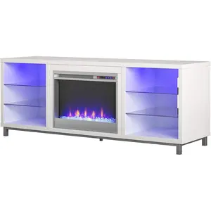 Lumina Fireplace TV Stand for Tvs up to 70 Inch, Replaceable Electric Fireplace Insert Heater, Remote Control, Timer, Color Changing LED Lights, Crystal Ember Flames, White