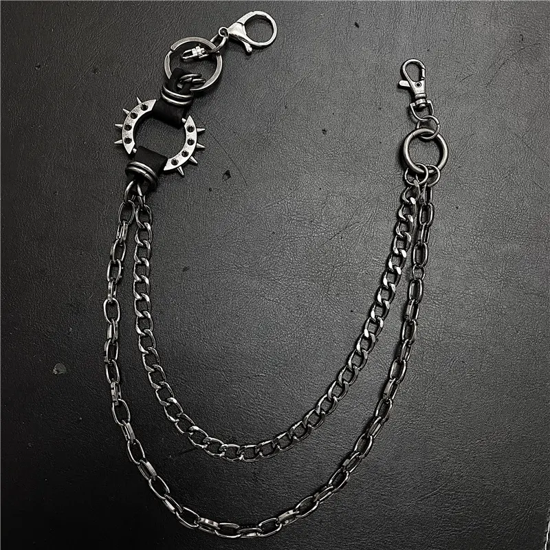 Personalized exaggerated spiked retro American trendy brand single circle men and women punk black waist chain hip-hop pants chain