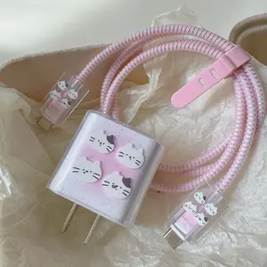 Silicone Charger Protector Case with Fixed Rope, Compatible with iPhone 13/14/15, Apple 20w/18w Adapters, Transparent Clear Cable Organizer Set