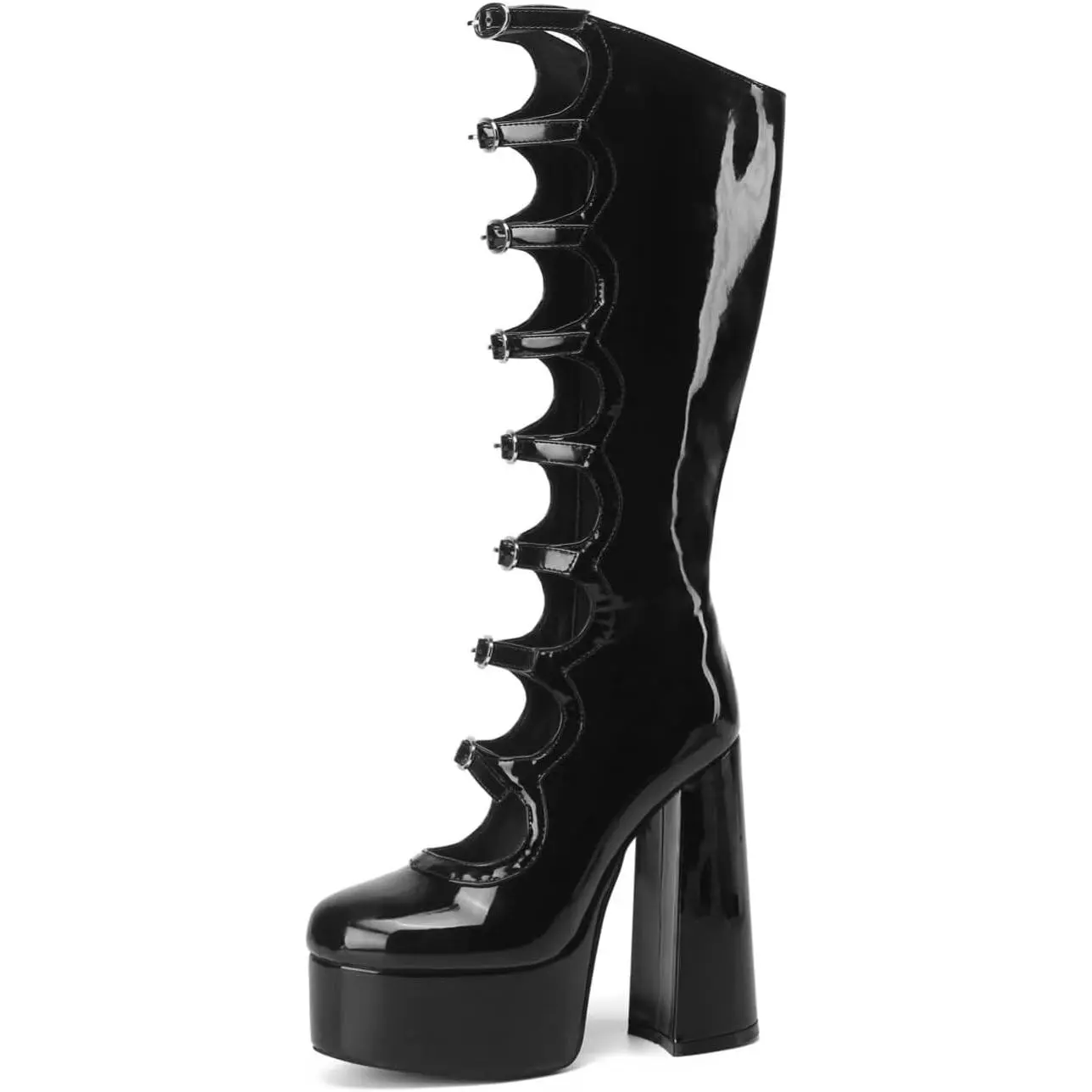 Frankie Hsu Gothic Lolita Women's Large Size Buckle Strap Black Patent Leather Platform Chunky Block Knee High Heeled Boots