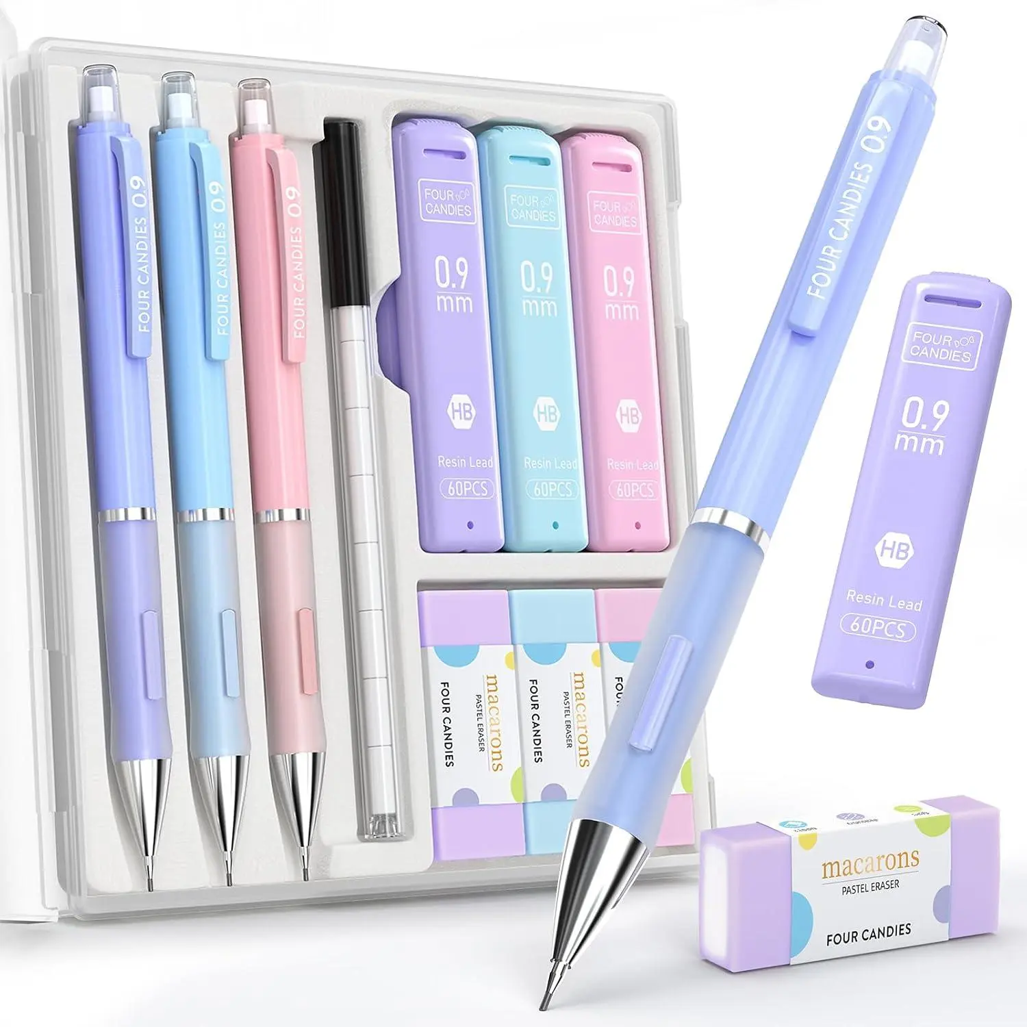 Four Candies 0.7mm Cute Mechanical Pencil Set, 3-Pack with Case | with 360 HB Leads, 3 Erasers+9 Refills, Pink/Purple/Blue Barrels, Non-Slip Grip, for School Notes & Everyday Writing