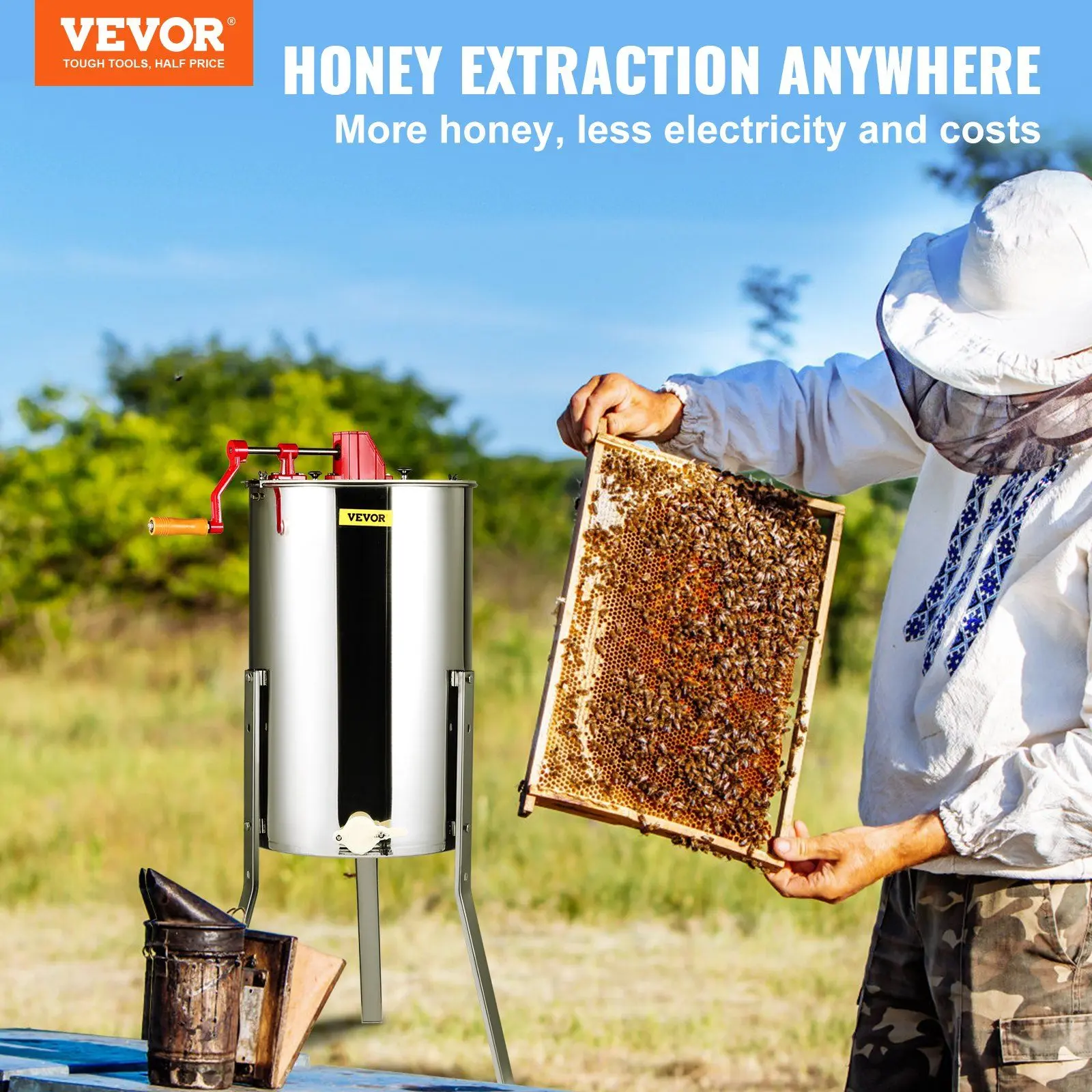 VEVOR Unisex Manual Honey Extractor, 3-Frame Stainless Steel Beekeeping Centrifuge, Honeycomb Drum Spinner with Lid, Apiary Tool with Height-Adjustable Stand