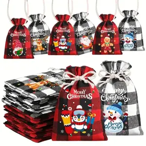 Christmas Burlap Gift Bags Set – Buffalo Plaid Drawstring Treat Bags, Rustic Jute Candy Sacks, Holiday Party Favors, Advent Calendar Bags, Christmas Gift Wrapping Essentials, Rustic Christmas Decor, Reusable Xmas Goodie Bags