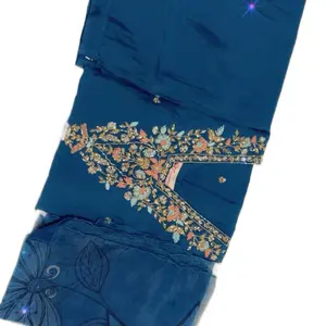 Navy Blue Indian Suit with Golden Embroidery Casual Womenswear Dress for Summer Comfort Comfortable