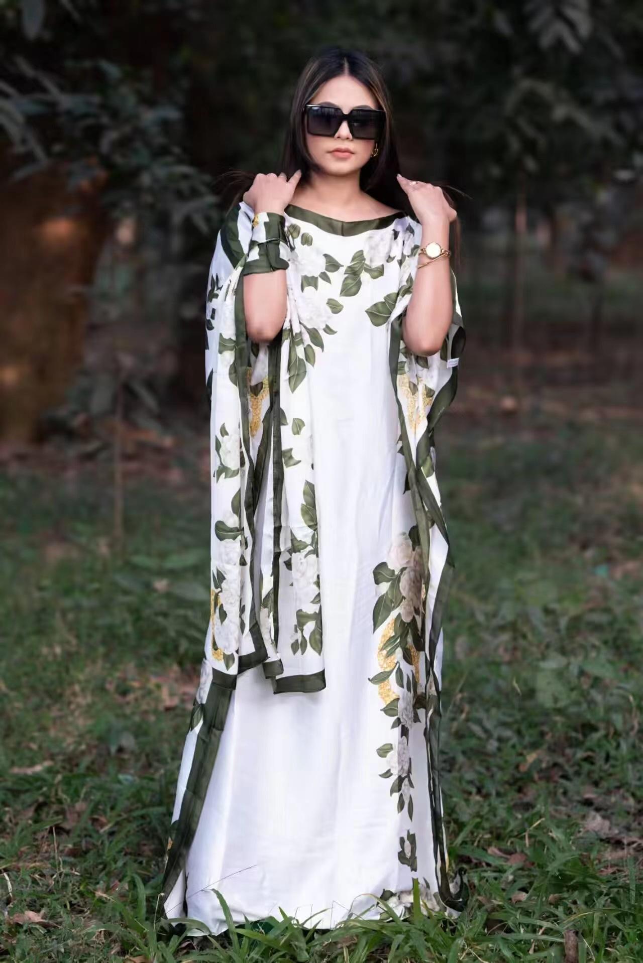 Women's 2-Piece Boho Floral Print Long Dress & Scarf Set, Casual Beach Vacation Wear, All-Season Shawl Accessory Set