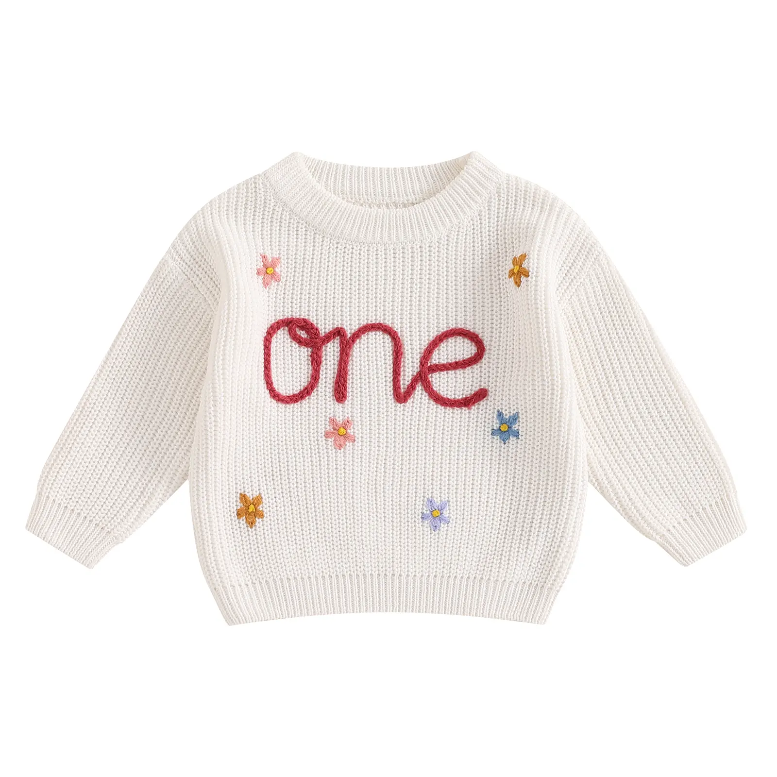 Infant Baby Girl Knit Sweater First Birthday Outfit Embroidery One Long Sleeve Pullover Tops Cute Warm Clothes