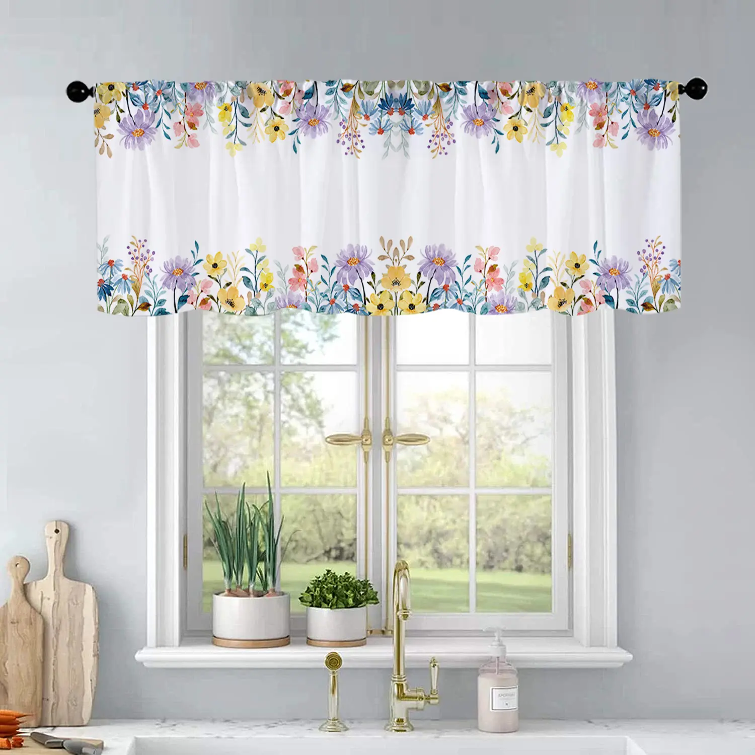 1Pc Watercolor Flowers in Spring printed kitchen curtains Window Curtain Window Hanging living room bedroom bathroom home decoration 54 * 18 inches