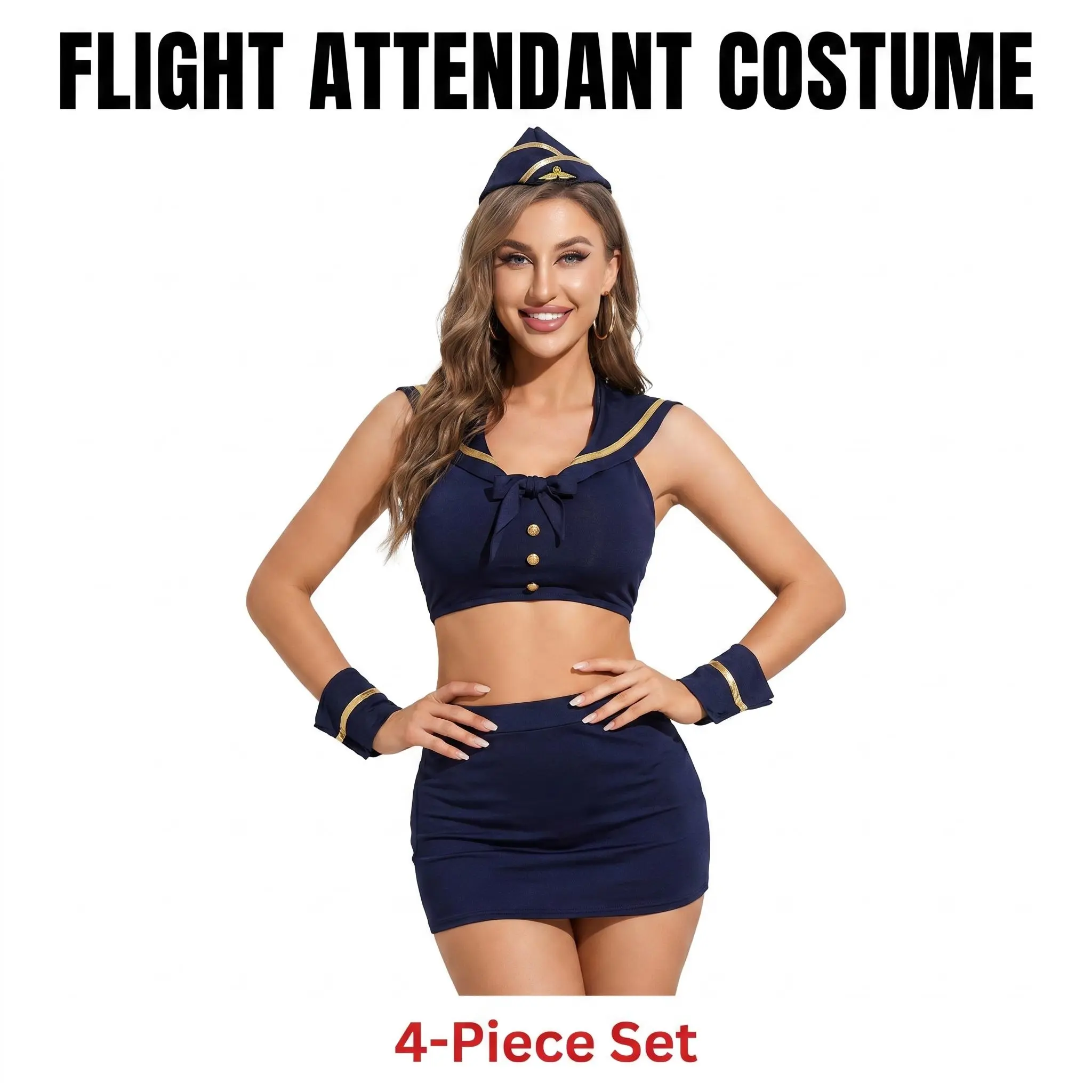 Flight Attendant Costume Set for Women, Stretchy 4-Piece Sailor-Style Cosplay Gear with Crop Top, Short Skirt, Form-Fitting Fit & Accessories, Lady, Coordinated Costume Set, Slim-Fitting, Halloween, Clothes, Fabric, Cropped, Matching