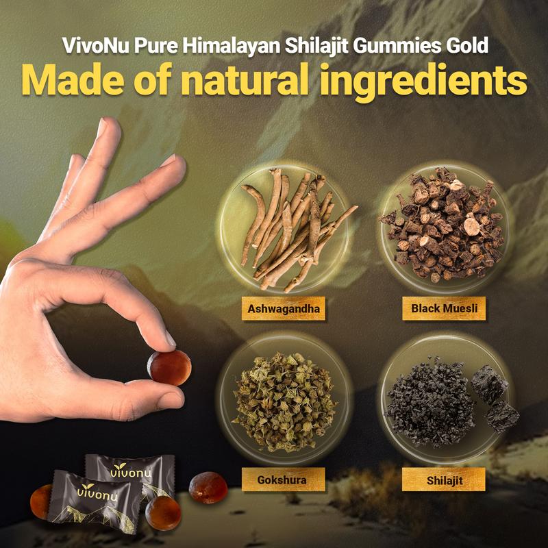 VivoNu Himalayan Shilajit Gummies | With Ashwagandha, Gokshura & other herbs | No added sugar | 60 Gummies