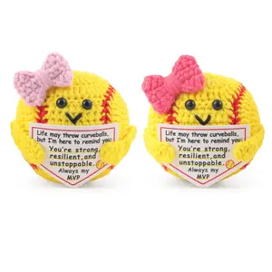 Crochet Positive Softball, with Bow and Motivational Message Card, Knitted Softball Gift for Players, Teammates or Lovers