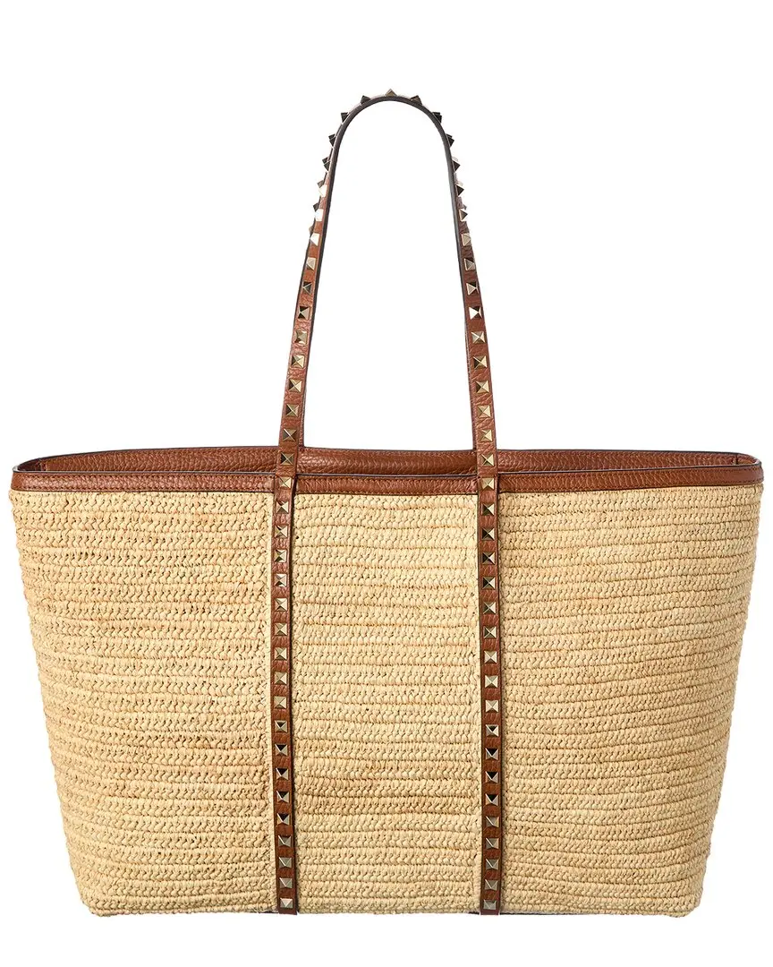 Valentino Rockstud Straw & Leather Tote