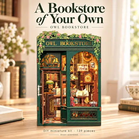 CuteBee OWL BOOKSTORE DIY Book Nook Kit with LED Light, Wooden Miniature Bookstore, Bookshelf Decor & Gift for Book Lovers