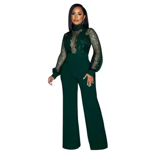 Women's  Sequin Mesh High  Neck Jumpsuit Long Sleeve Sheer Bodice with Wide  Leg Trousers  suit