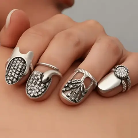 4pcs Bohemian Vintage Nail Rings, Adjustable Opening, One Size, Daily Wear, Parties, Valentine's Gifts, Elegant Nail Decorations, Boho Style Rings, Beautiful Rings