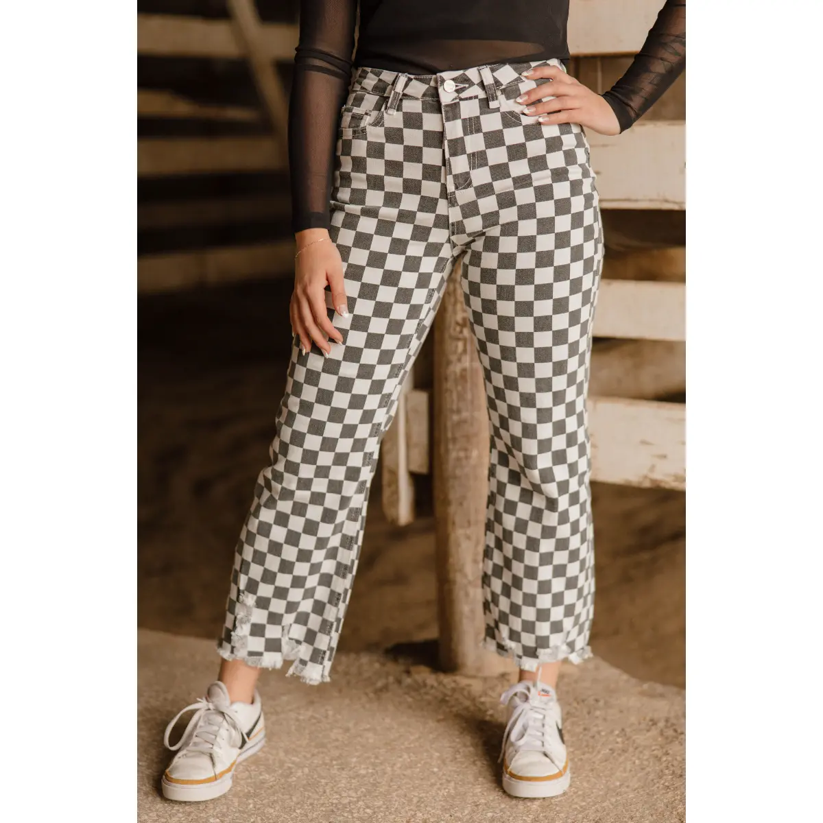 Sterling Kreek Fast Lane Jeans - Women's Stretch Checkered Streetwear Denim with Distressed Cropped Hems, Spandex, Plaid, Cotton, Casual, Statement, Black And White, Bottom, Style