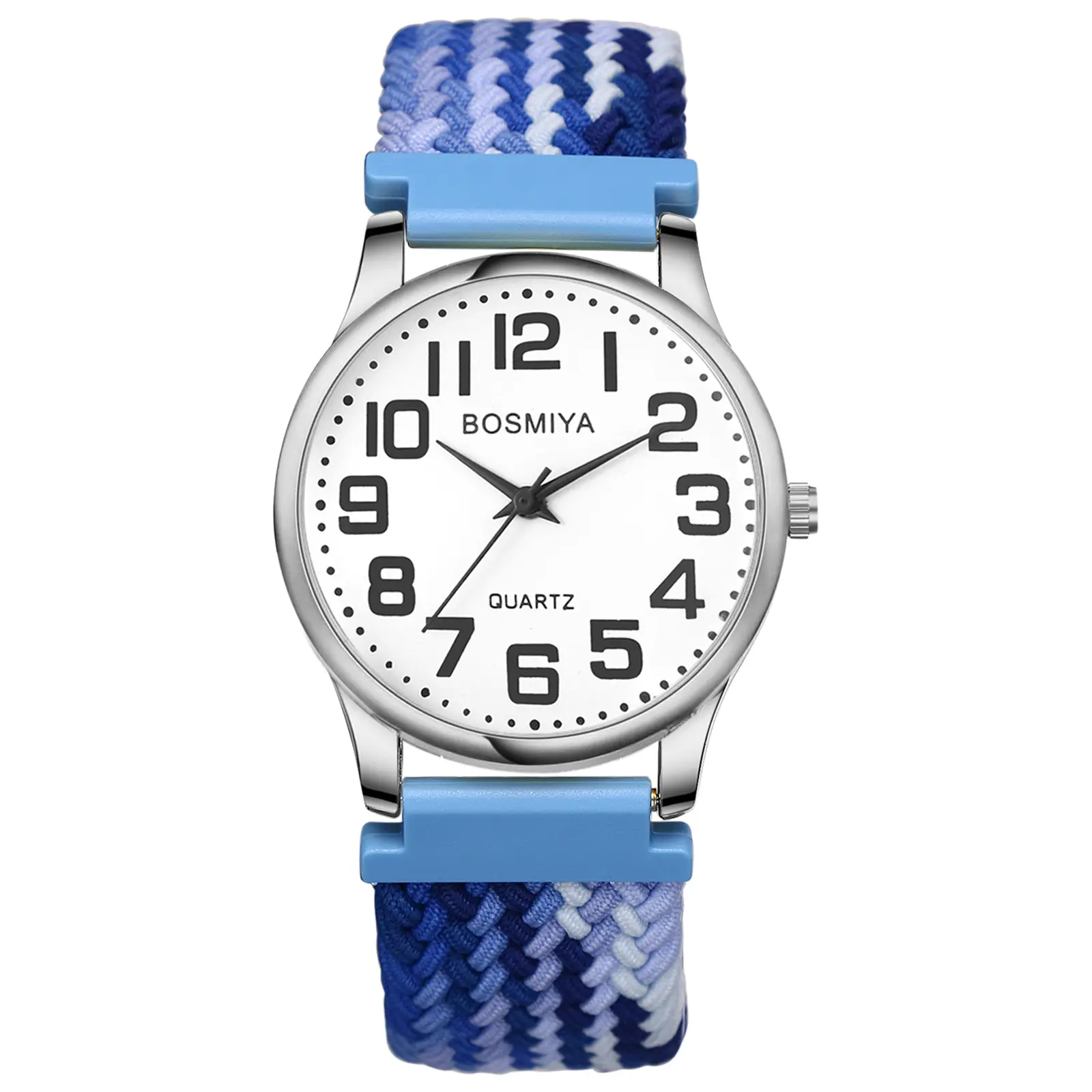 OIDEA Unisex Easy On Quartz Watch, Large Numerals, Blue-White Woven Elastic Band, Analog, Senior-Friendly Slip-On, Sporty Fashion Men's Watch Accessory, Easy On Quartz Watches