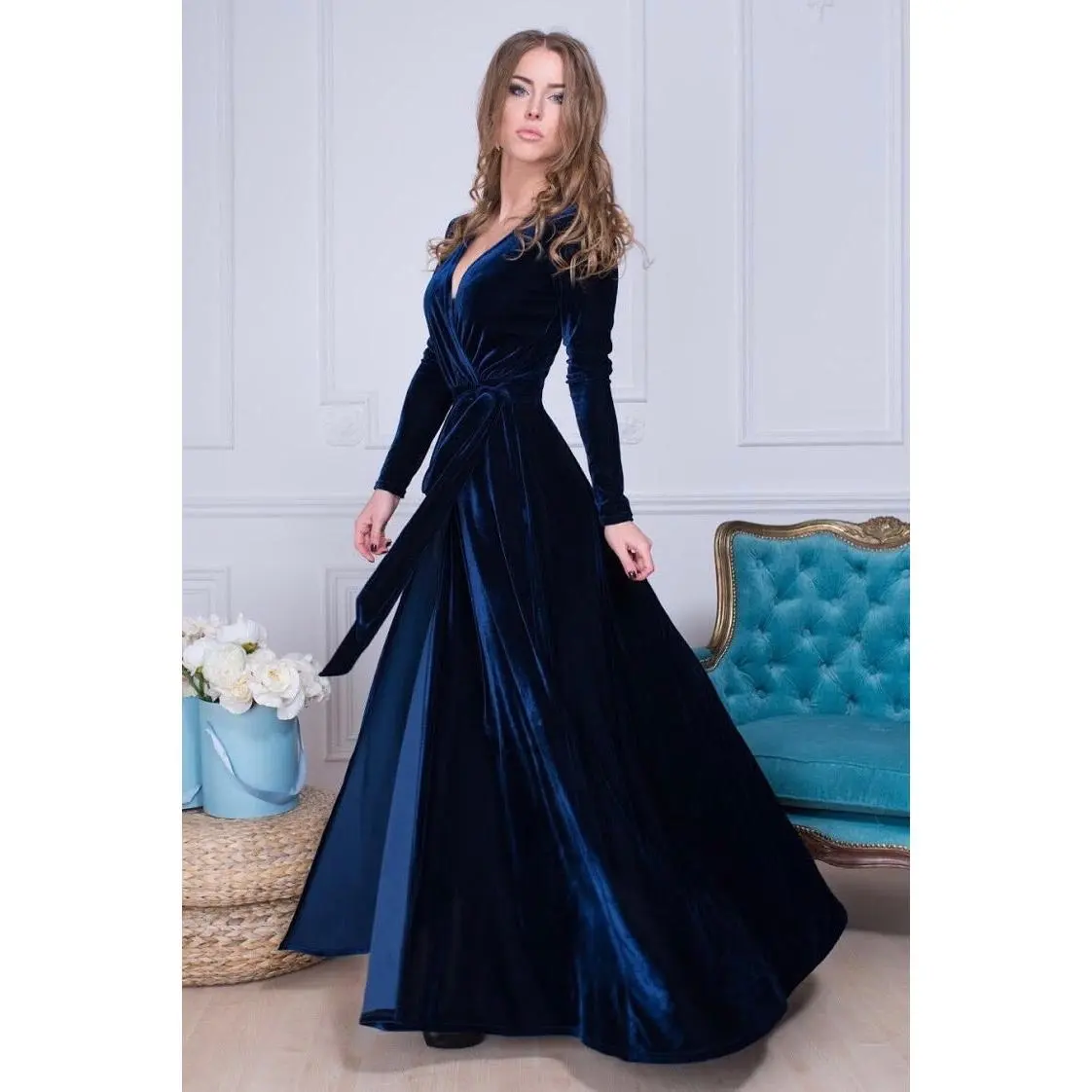 Bridesmaid Black Velvet V Neck Wrap Dress