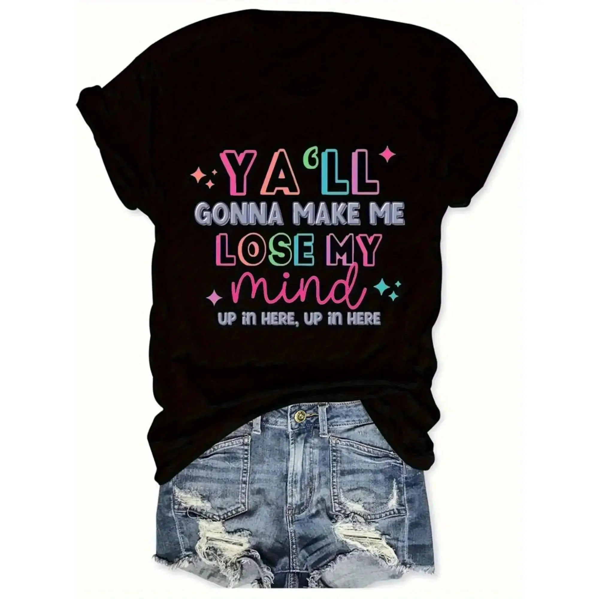 Lady's Cotton Short-Sleeve T-Shirt - Soft, Loose, Stretchy Fashion Apparel for Moms, Black 'You Drive Me Crazy' Pattern, Machine-Washable Casual Daily Wear, Shortsleeve, Essential