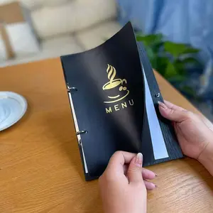 1pc A5 Leather Menu Cover with Gold Logo, Loose Leaf  Ring Binder Wooden Board Restaurant Menu Holder, Durable and Stylish, Perfect for Dining Establishments
