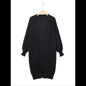 New[Plus Size] Solid Drop Shoulder Pocket Sweater Cardigan, Casual Long Sleeve Open Front Cardigan for Fall & Winter, Women's Plus Clothing for Daily Wear