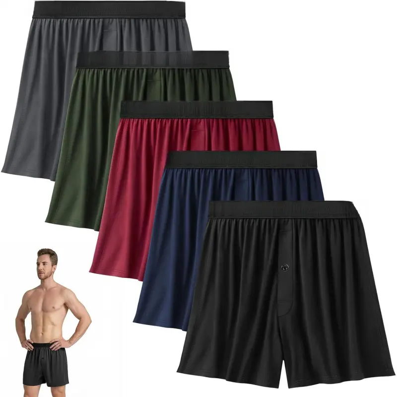 Mens Boxer Shorts Underwear Soft Breathable Bamboo Rayon Boxers for Men Relaxed Fit Boxers with Button Fly 5 Pack