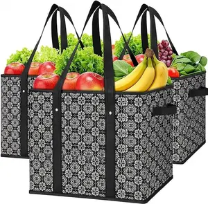 3Pack/6Pack Reusable Grocery Bags,Compact Shopping Bags with Strong Bottom & Ergonomic Handles Water Resistant  Foldable Grocery Bag for Clothes,Shoes and Picnic,Black,Red