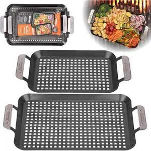 Camerons BBQ Grill Topper Grilling Pans (Set of 2) - Non-Stick Barbecue Trays w Stainless Steel Handles - Great Gift for Grill Lovers