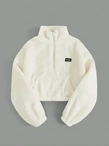 Women's Half-Zip Fleece Warm Fitted Sweatshirt, Letter Patch Design, Long Sleeve Top for Autumn/winter, Cozy Winter Clothing N74