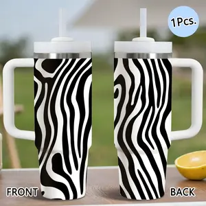 PIKPAKA Zebra Pattern 40oz Stainless Steel Tumbler with Handle & Straw, Leakproof Insulated Tumbler, Vacuum Insulated Travel Mug Keeps Drinks Cold Up to 12 Hours, Leak-Resistant Cup for Iced Coffee, Water, Office, Gym or Travel