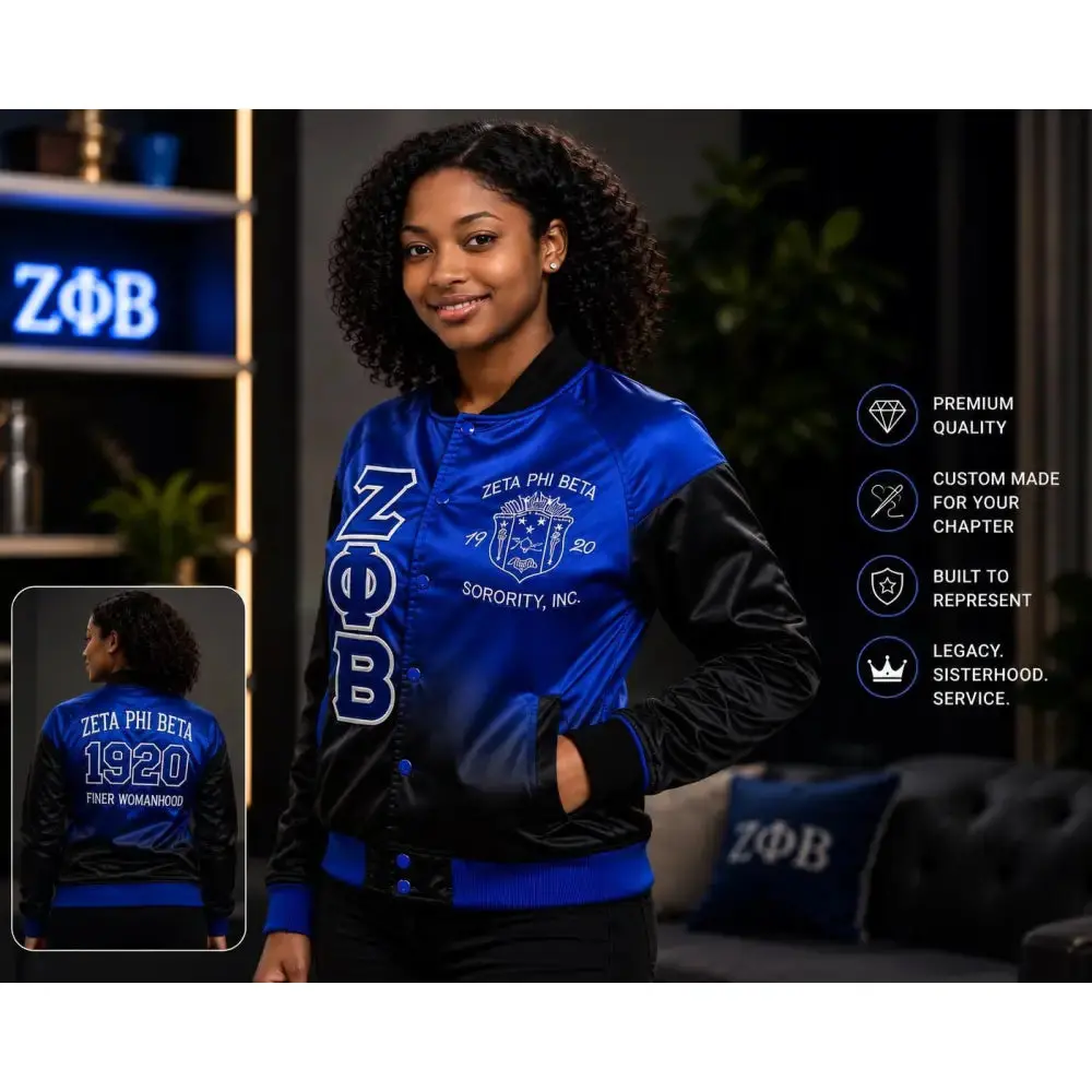 Zeta Phi Beta Faded Custom Embroidered Satin Bomber Jacket Blue Black Ombré – Personalized